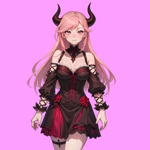 May include: A woman with pink hair and devil horns wears a black and red dress with lace detailing. She has a serious expression on her face.