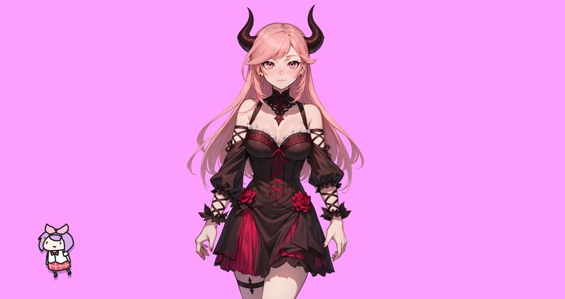 May include: A woman with pink hair and devil horns wears a black and red dress with lace detailing. She has a serious expression on her face.