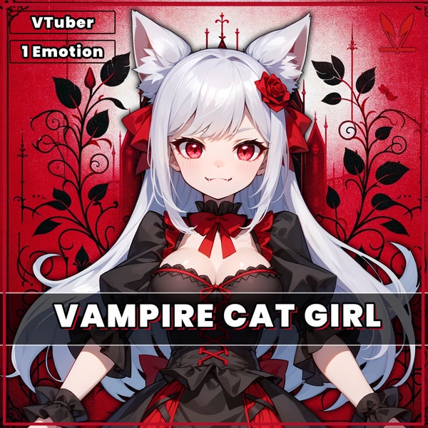 Live2d Premade VTuber Model for commercial Vampire Cat Girl for vtube studio as a cute red vtuber cat goth girl half body 2d model