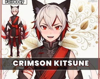 Männliches vorgefertigtes VTuber-Modell – Crimson Kitsune Boy für Vtube Studio als cooles, anpassbares, farbiges Ganzkörper-Vtuber-Männchen, 2D-Vtuber