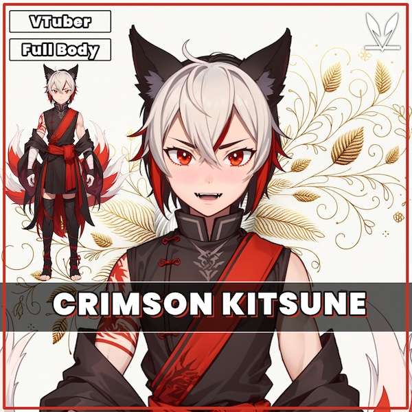 Mannelijke premade VTuber model - Crimson Kitsune Boy voor vtube studio als een coole aanpasbare gekleurde full body vtuber mannelijke 2d vtuber