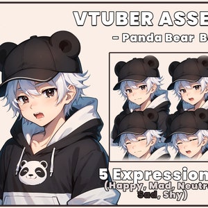 May include: Digital illustration of a white-haired boy with black hair, wearing a black hoodie with a panda bear graphic, and a black baseball cap with panda bear ears. The boy has five different facial expressions: happy, mad, neutral, sad, and shy.