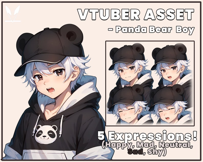 May include: Digital illustration of a white-haired boy with black hair, wearing a black hoodie with a panda bear graphic, and a black baseball cap with panda bear ears. The boy has five different facial expressions: happy, mad, neutral, sad, and shy.