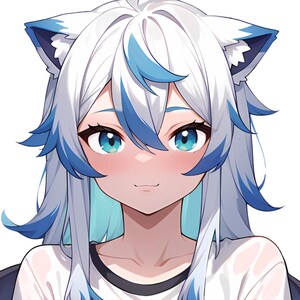 Pu&ograve; includere: Un'illustrazione di un personaggio in stile anime con lunghi capelli bianchi con ciocche blu vibranti, orecchie da gatto a punta e luminosi occhi color ottanio. Il personaggio ha un'espressione dolce con guance arrossate e indossa una maglietta.