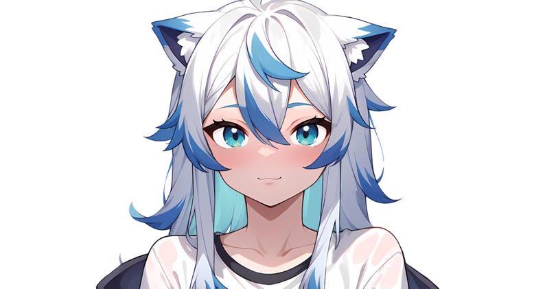 Pu&ograve; includere: Un'illustrazione di un personaggio in stile anime con lunghi capelli bianchi con ciocche blu vibranti, orecchie da gatto a punta e luminosi occhi color ottanio. Il personaggio ha un'espressione dolce con guance arrossate e indossa una maglietta.