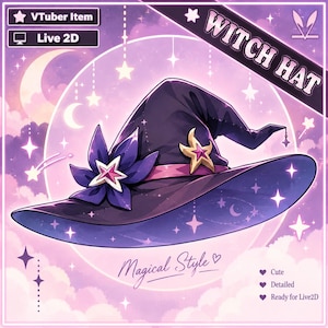 May include: A dark purple witch hat featuring a wide brim, a pointed crown, a pink band, and a large purple flower ornament with a central star. The hat is decorated with a gold star emblem and is presented as a VTuber Item for Live 2D use.