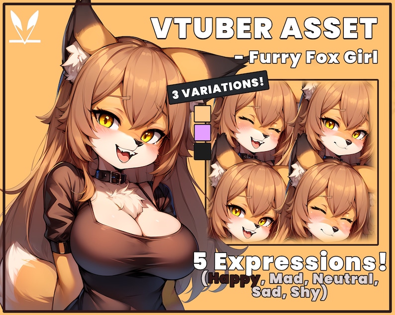 May include: A digital illustration of a furry fox girl with brown fur, wearing a brown top and a black choker. The image includes five different expressions of the character, including happy, mad, neutral, sad, and shy. The text "VTUBER ASSET - Furry Fox Girl" and "3 VARIATIONS!" are also included in the image.