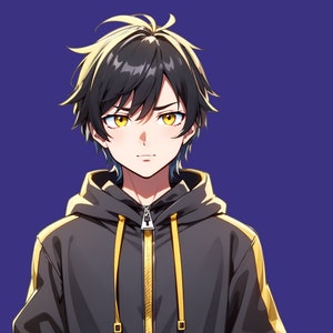 May include: An anime-style character with short, messy black hair featuring yellow highlights and bright yellow eyes. The character wears a black hooded sweatshirt with a prominent yellow zipper down the center and yellow stripes along the sleeves.
