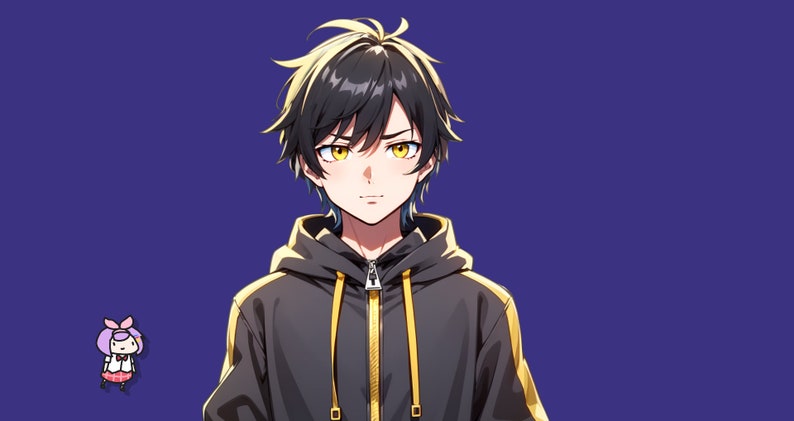 May include: An anime-style character with short, messy black hair featuring yellow highlights and bright yellow eyes. The character wears a black hooded sweatshirt with a prominent yellow zipper down the center and yellow stripes along the sleeves.