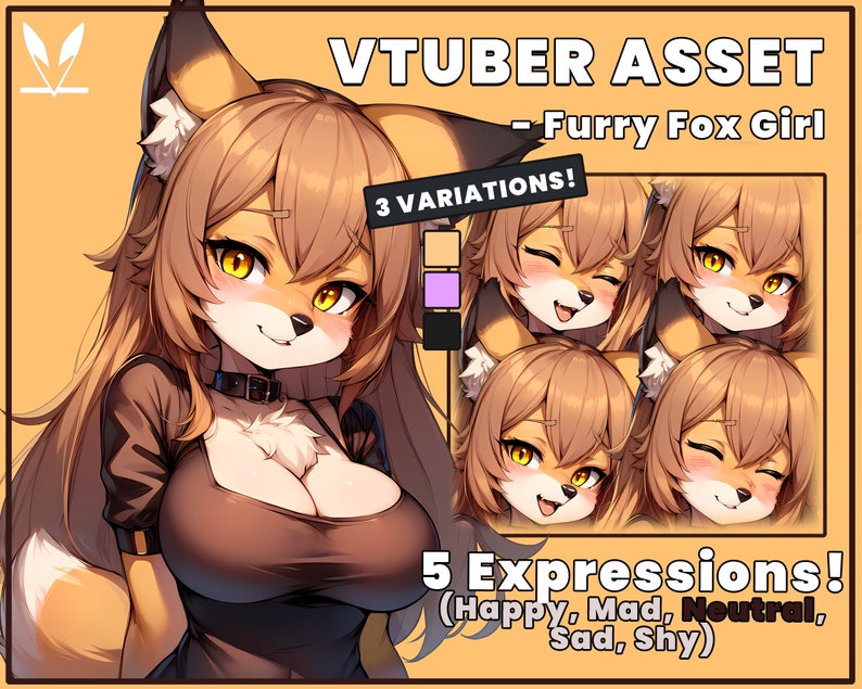 May include: Digital illustration of a furry fox girl with brown fur, wearing a black top and a silver choker. The image includes 3 variations of the character and 5 different expressions: happy, mad, neutral, sad, and shy. The text "VTUBER ASSET - Furry Fox Girl" is at the top of the image.