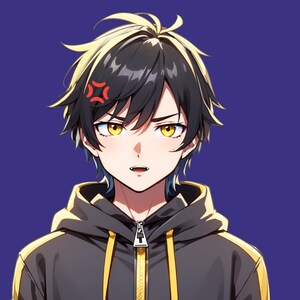 May include: An anime-style illustration of a person with short, messy black hair featuring yellow highlights, amber eyes, and a small fang. They wear a black zip-up hoodie with yellow stripes on the sleeves and a small character icon in the corner.