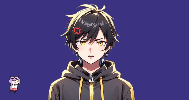 May include: An anime-style illustration of a person with short, messy black hair featuring yellow highlights, amber eyes, and a small fang. They wear a black zip-up hoodie with yellow stripes on the sleeves and a small character icon in the corner.