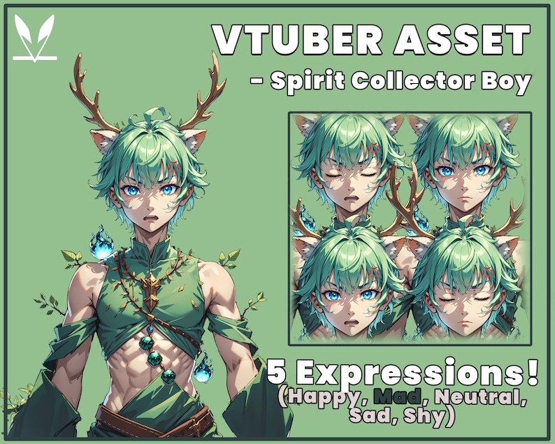 Op de afbeelding: Een anime-personage met groen haar, hertengewei en kattenoren. Het personage heeft vijf verschillende gezichtsuitdrukkingen: blij, boos, neutraal, verdrietig en verlegen. De tekst "VTUBER ASSET - Spirit Collector Boy" en "5 Expressions! (Happy, Mad, Neutral, Sad, Shy)" is ook in de afbeelding opgenomen.