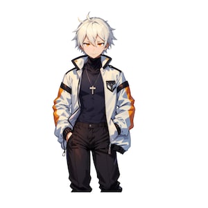 May include: An anime-style character with short white hair and amber eyes, wearing a black mock-neck shirt with a silver cross necklace, paired with a white and orange bomber jacket and black trousers, standing against a solid black background.