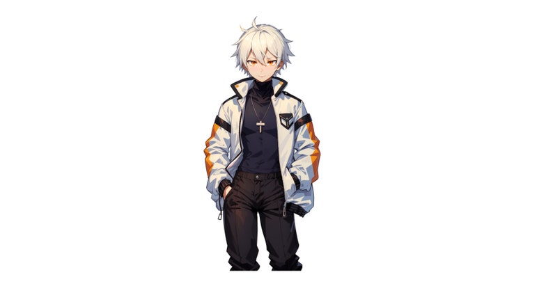 May include: An anime-style character with short white hair and amber eyes, wearing a black mock-neck shirt with a silver cross necklace, paired with a white and orange bomber jacket and black trousers, standing against a solid black background.