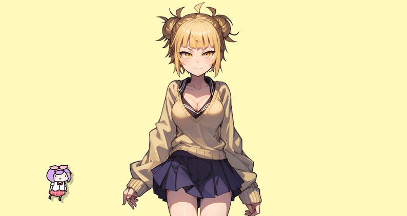 May include: A yellow-haired anime character with a yellow sweater and a blue skirt. The character has a serious expression and is looking directly at the viewer.