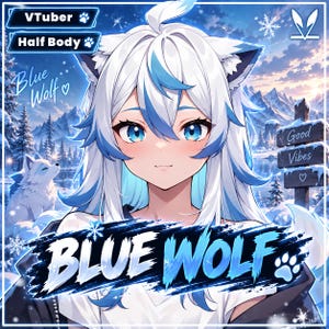Pu&ograve; includere: Un'illustrazione di un personaggio in stile anime con capelli bianchi e blu, orecchie da lupo e occhi blu. I testi includono VTuber, Half Body, Blue Wolf e Good Vibes. Lo sfondo mostra un paesaggio montano innevato con un piccolo lupo.