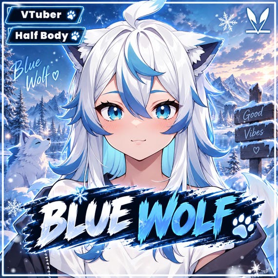 Blue Wolf VTuber, Premade Fully Rigged Model, VTube Studio