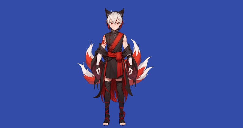 May include: A young person with white hair and red eyes is wearing a black and red outfit with a red sash. They have nine red and white fox tails.