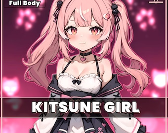VTuber - Pink Kitsune Girl for vtube studio as a cute Pink, full body vtuber cat fox girl live2d model customizable
