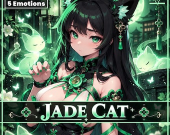 PNGTuber Schattig Jade Kattenmeisje 2D Vtuber kant-en-klaar model met 5 emoties | pngtuber png tuber vtuber model vtube asset tuberdesigns