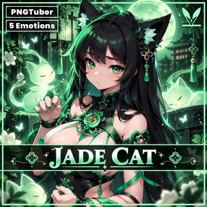 Op de afbeelding: Een anime-stijl personage met lang zwart haar, kattenoren en groene ogen, gekleed in een groen en zwart outfit met jadekleurige accenten. De afbeelding bevat de tekst PNGTuber, 5 Emotions en JADE CAT, omringd door gloeiende groene katten.