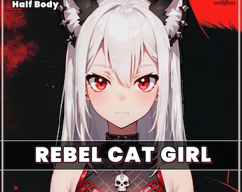 Premade VTuber model - Rebel Cat Girl for vtube studio as a hot black, Red half body vtuber cute goth girl live2d neko model