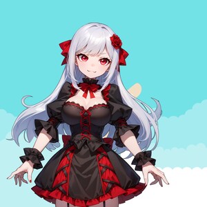 Może przedstawiać: Postać anime z białymi włosami i czerwonymi oczami, ubrana w czarną i czerwoną sukienkę z czerwoną kokardką i r&oacute;żą we włosach. Stoi przed błękitnym niebem z białymi chmurami.