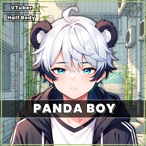 Puede incluir: Una ilustración digital de una persona joven con cabello blanco y ojos azules. Lleva una camisa blanca, una chaqueta negra y azul y orejas de panda negras. El texto "PANDA BOY" está escrito en letras grandes y negritas debajo de la imagen.