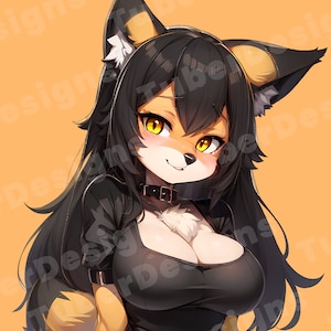 May include: A furry anime character with long black hair, orange ears, and yellow eyes. She is wearing a black choker and a black dress with a low neckline.