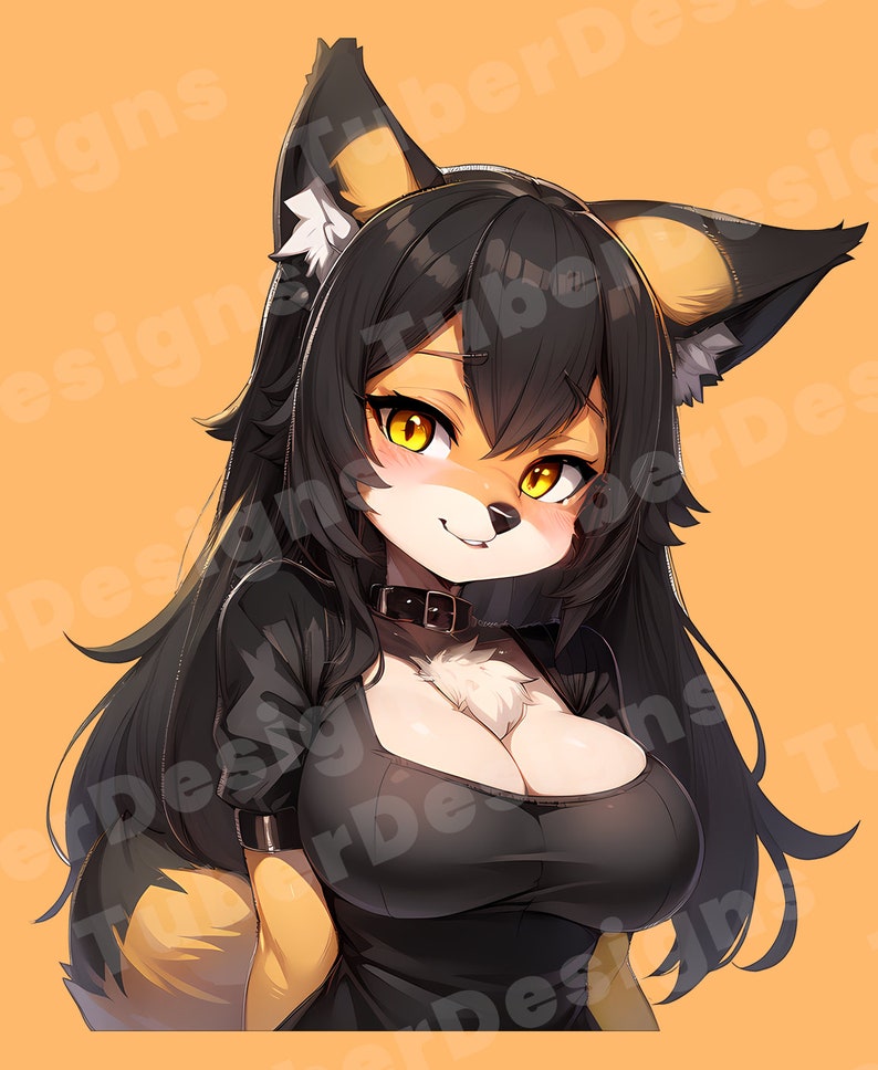 May include: A furry anime character with long black hair, orange ears, and yellow eyes. She is wearing a black choker and a black dress with a low neckline.