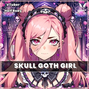 VTuber - Skull Goth Girl for vtube studio as a cute Pink, black half body vtuber bratty goth girl live2d premade 2d avatar