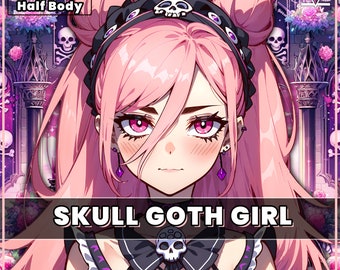 VTuber - Skull Goth Girl for vtube studio as a cute Pink, black half body vtuber bratty goth girl live2d model