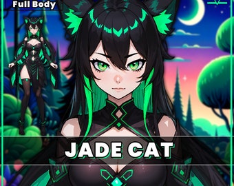 VTuber - Jade Cat Girl for vtube studio as a cute green and black full body vtuber cat goth girl live2d model