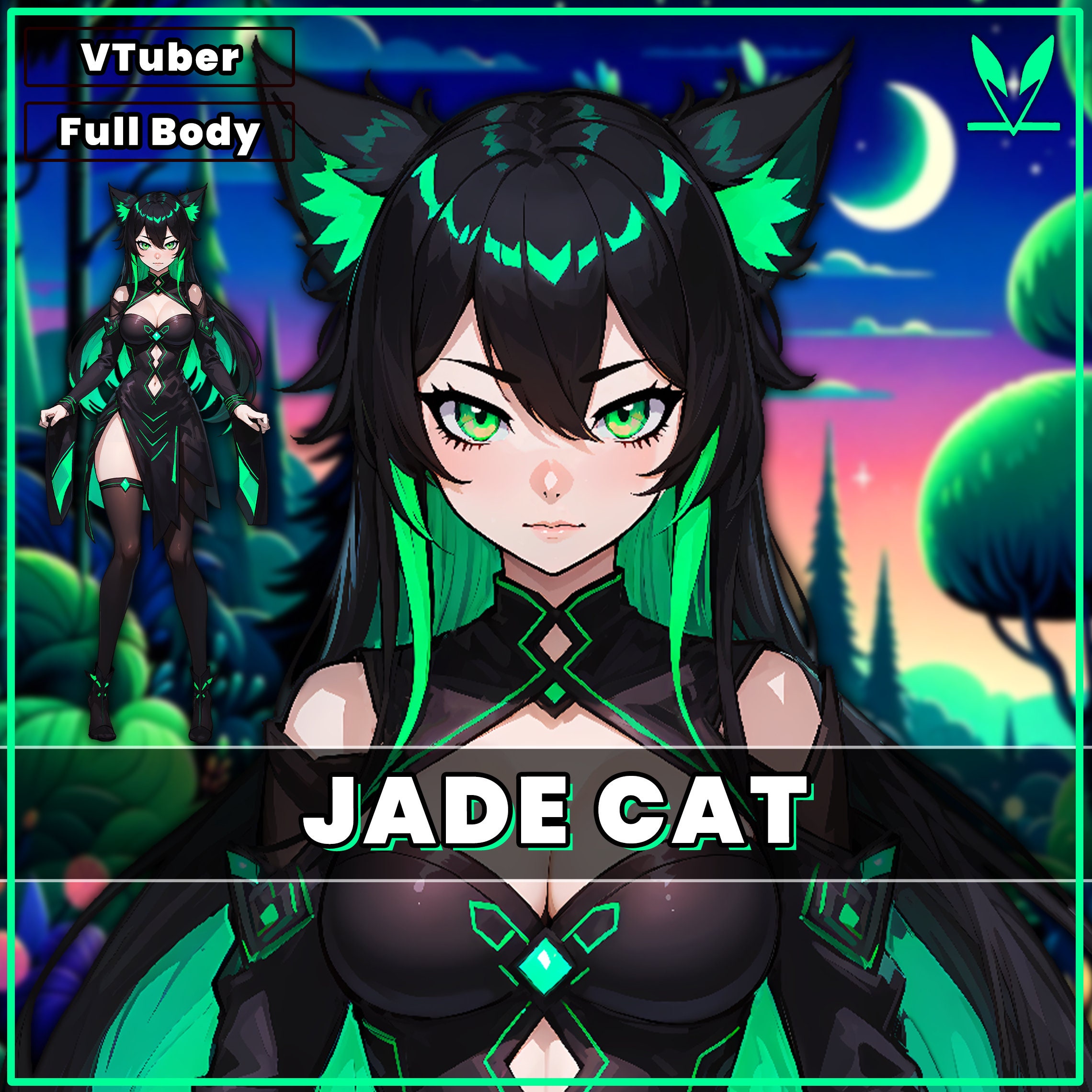 VTuber - Vtubeスタジオ用のJade Cat Girl。かわいい緑と黒の全身