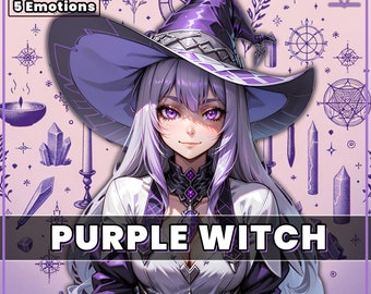 PNGTuber Purple Witch 2D premade model with 5 Emotions for streaming | Veadotube | Halloween | female girl animated pngtuber