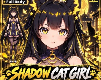 既成ライブ2D VTuberモデル - vtube studio用のかわいい黄色と濃い青色の全身VTuber動物女性商用利用向けシャドウキャットガール