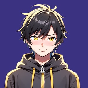 May include: An anime-style illustration of a character with short, messy black hair featuring yellow highlights. The character has bright yellow eyes, a slight smile, and is wearing a black hooded sweatshirt with yellow zipper and sleeve details.