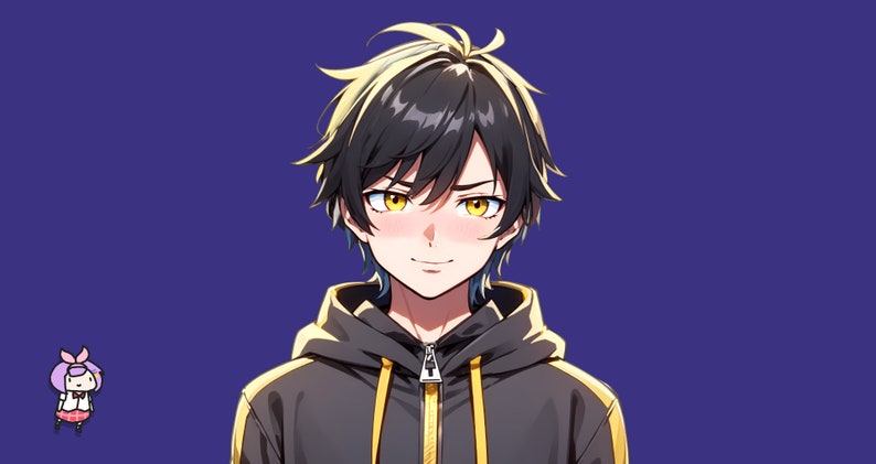 May include: An anime-style illustration of a character with short, messy black hair featuring yellow highlights. The character has bright yellow eyes, a slight smile, and is wearing a black hooded sweatshirt with yellow zipper and sleeve details.