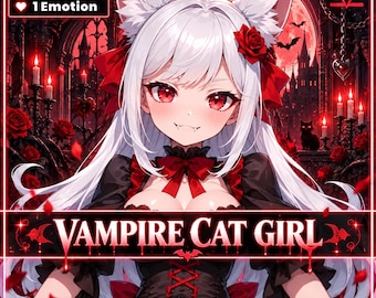 Live2d 既製 VTuber モデル、商用ヴァンパイア猫娘、vtube studio 用、かわいい赤い VTuber 猫ゴスガール ハーフボディ 2D モデル