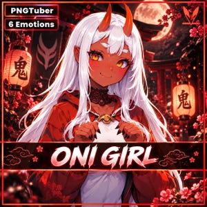 May include: An anime-style digital character illustration titled ONI GIRL, featuring a character with long white hair, orange horns, and amber eyes. The character wears a red hooded jacket over a white top, set against a red lantern-lit background.