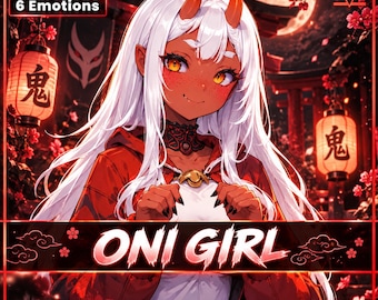 May include: An anime-style digital character illustration titled ONI GIRL, featuring a character with long white hair, orange horns, and amber eyes. The character wears a red hooded jacket over a white top, set against a red lantern-lit background.