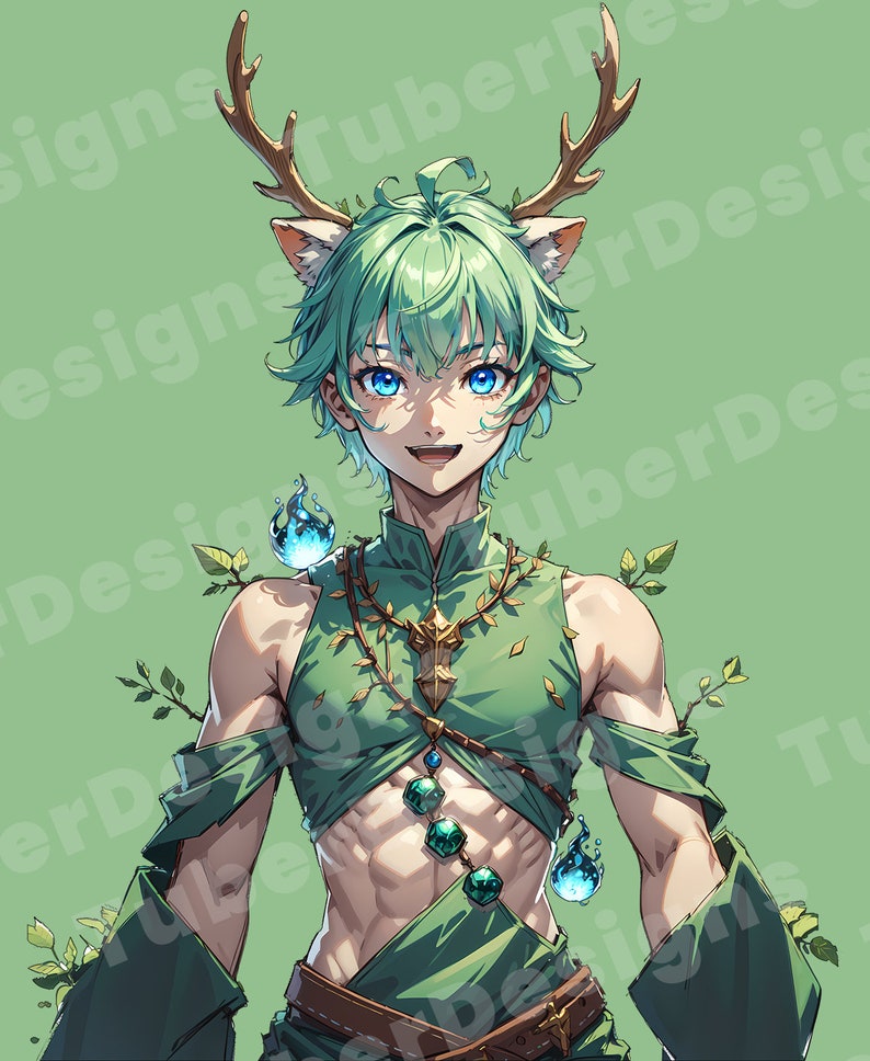 Op de afbeelding: Een groenhuidige humano&iuml;de met gewei, die een groene en bruine outfit draagt met een ketting van groene edelstenen. Het personage heeft blauwe ogen en een vriendelijke uitdrukking.