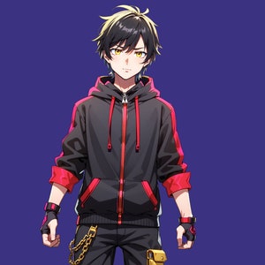 May include: An anime-style character with black hair featuring blonde highlights and yellow eyes, wearing a black zip-up hoodie with red accents, black fingerless gloves, and black pants with a gold chain accessory, accompanied by a small chibi figure.