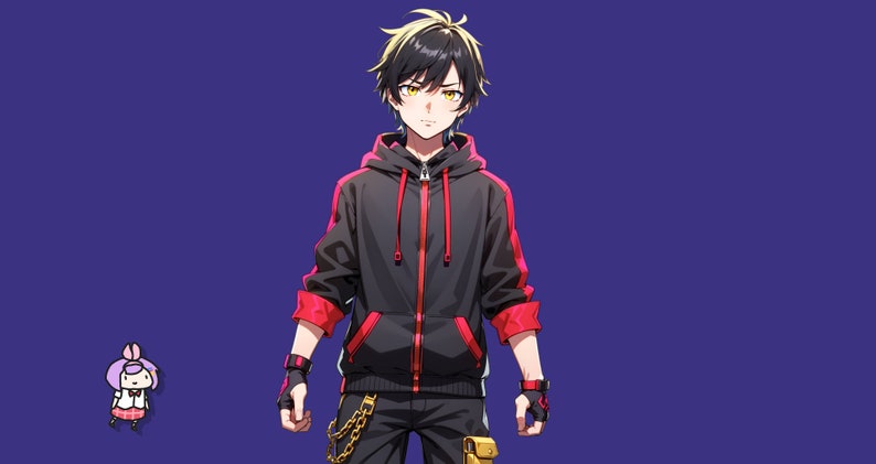 May include: An anime-style character with black hair featuring blonde highlights and yellow eyes, wearing a black zip-up hoodie with red accents, black fingerless gloves, and black pants with a gold chain accessory, accompanied by a small chibi figure.