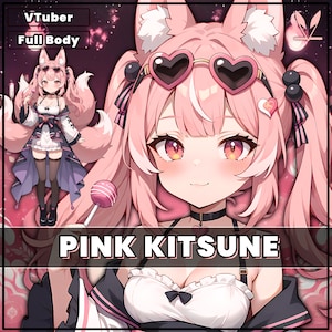 VTuber - Pink Kitsune Girl for vtube studio as a cute Pink, full body vtuber cat fox girl live2d model customizable