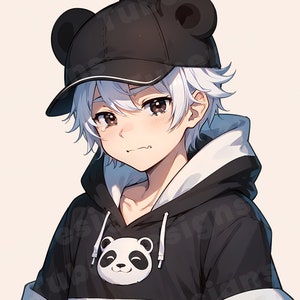 May include: A young person with white hair wearing a black hoodie with a panda graphic and a black baseball cap with bear ears.