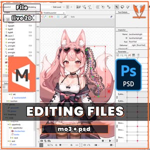 May include: A computer screen displaying a digital illustration of a pink-haired anime character with a pink heart on her chest. The character is wearing a white dress with a black collar and a black bow. The character is also wearing pink sunglasses. The screen is displaying the text "EDITING FILES mo3 + psd".
