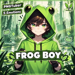 May include: An anime-style character illustration wearing a bright green frog-themed hoodie with large eyes on the hood. The image features the text "PNGTuber", "5 Emotions", and "FROG BOY" with small frog and leaf icons on a forest background.