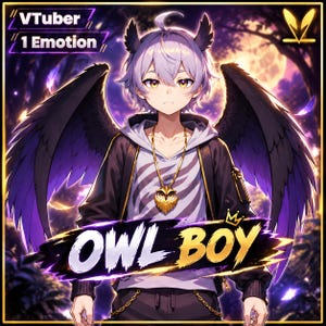 Könnte beinhalten: Eine Anime-Figur mit hellviolettem Haar, schwarzen gefiederten Flügeln und eulenartigen Ohrbüscheln. Die Figur trägt einen weißen Kapuzenpullover mit Muster, eine schwarze Jacke und eine goldene Eulen-Halskette. Text: VTuber 1 Emotion und OWL BOY.